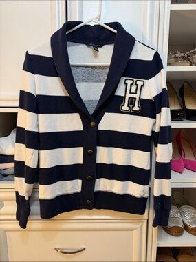 Tommy Hilfiger Navy & White Striped Shawl Collar Cardigan